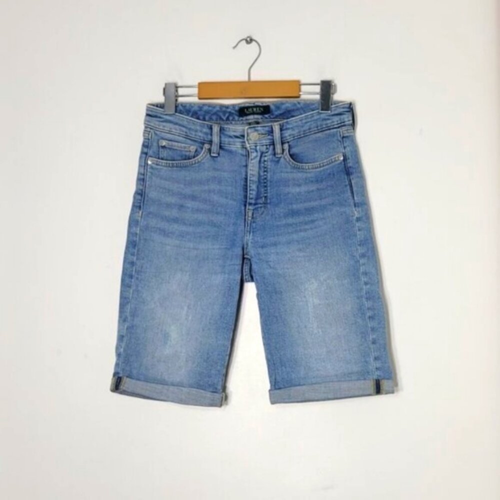 Lauren Ralph Lauren Women's Blue Mid Rise Slim Fit Bermuda Jeans Short Size 2